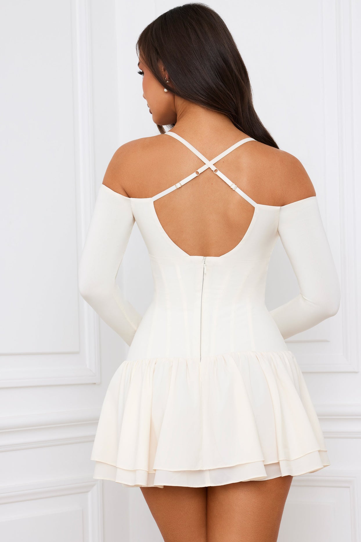 Off-Shoulder Tiered Corset Mini Dress in Ivory