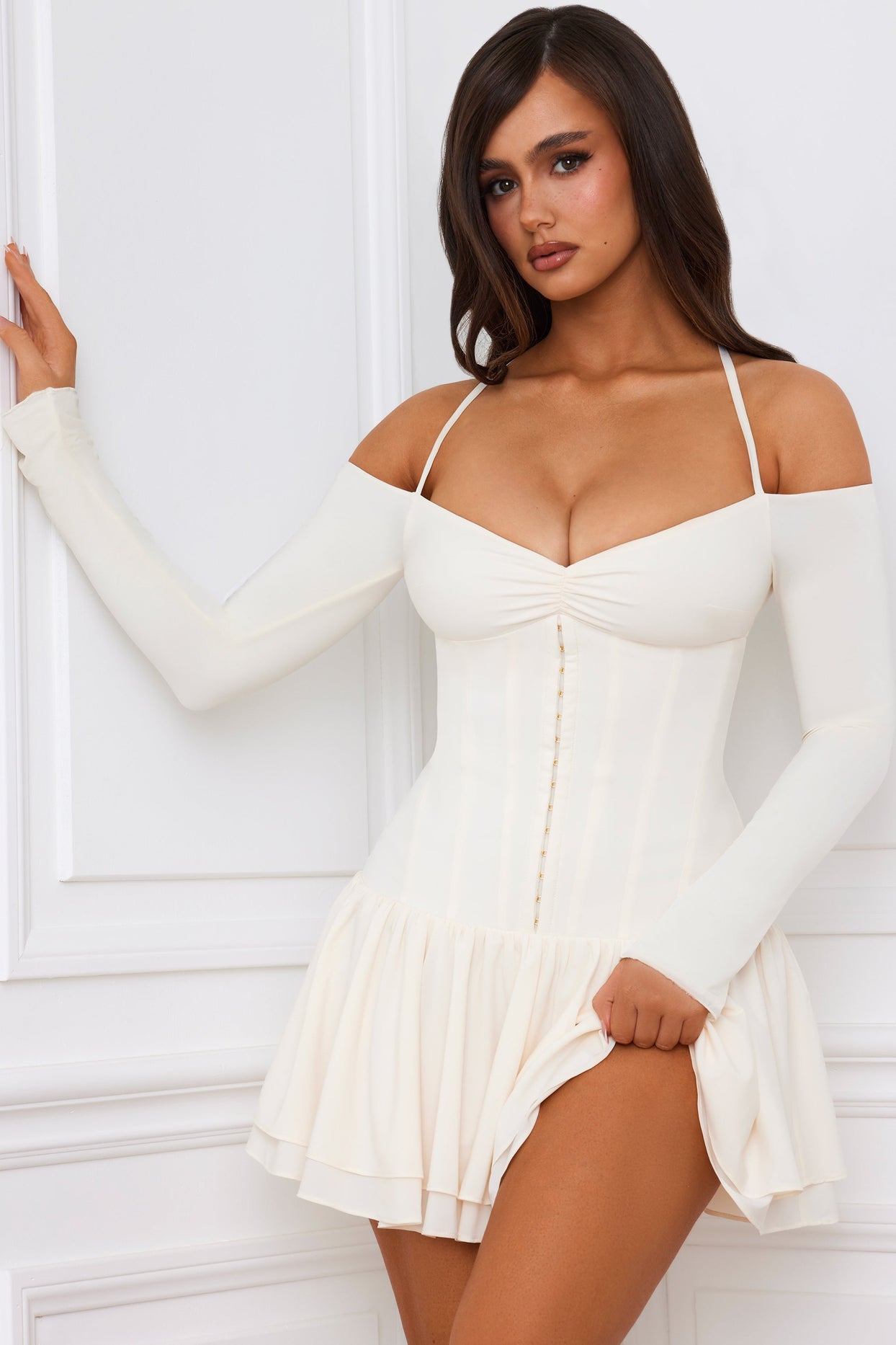 Off-Shoulder Tiered Corset Mini Dress in Ivory