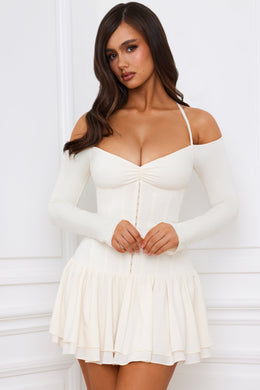 Off-Shoulder Tiered Corset Mini Dress in Ivory