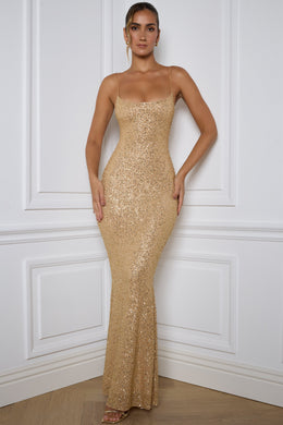 Embellished Fishtail Maxi Dress in Gold