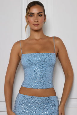 Embellished Square-Neck Top in Light Blue