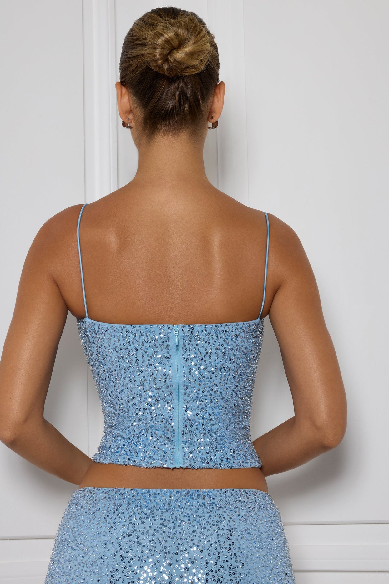 Embellished Square-Neck Top in Light Blue