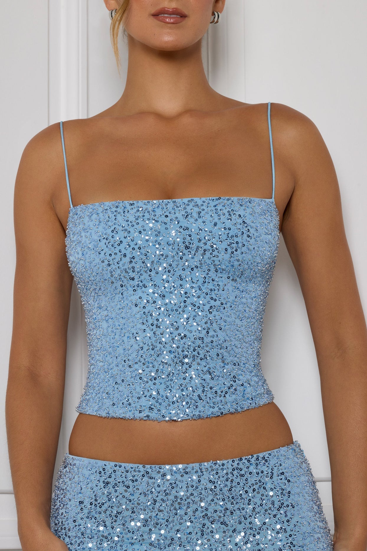 Embellished Square-Neck Top in Light Blue