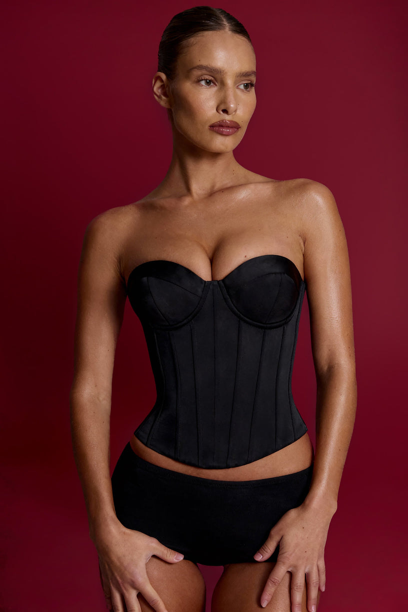 Satin Lace-Up Corset Top in Black - 1