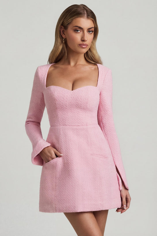 Oh Polly's Freya Tidy wearing the Tacita Mini Dress in Soft Pink Tweed fabric perfect for birthday celebrations