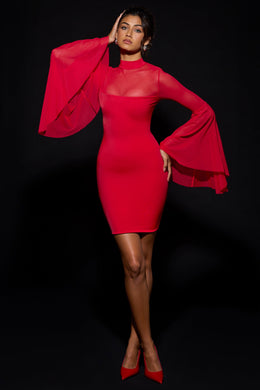 Waterfall-Sleeve Mini Dress in Fire Red