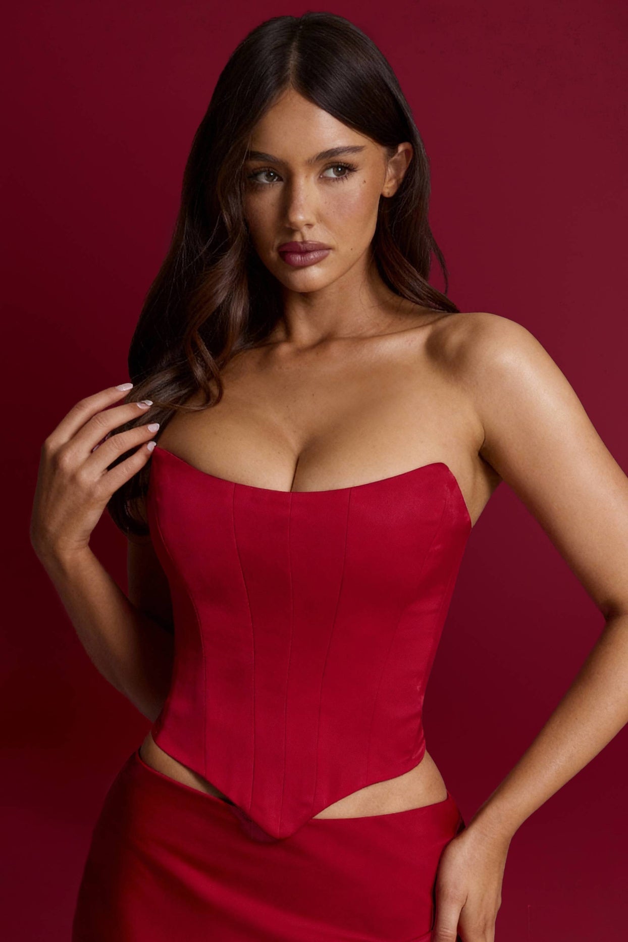 Curved Lace-Up Corset Top in Fire Red