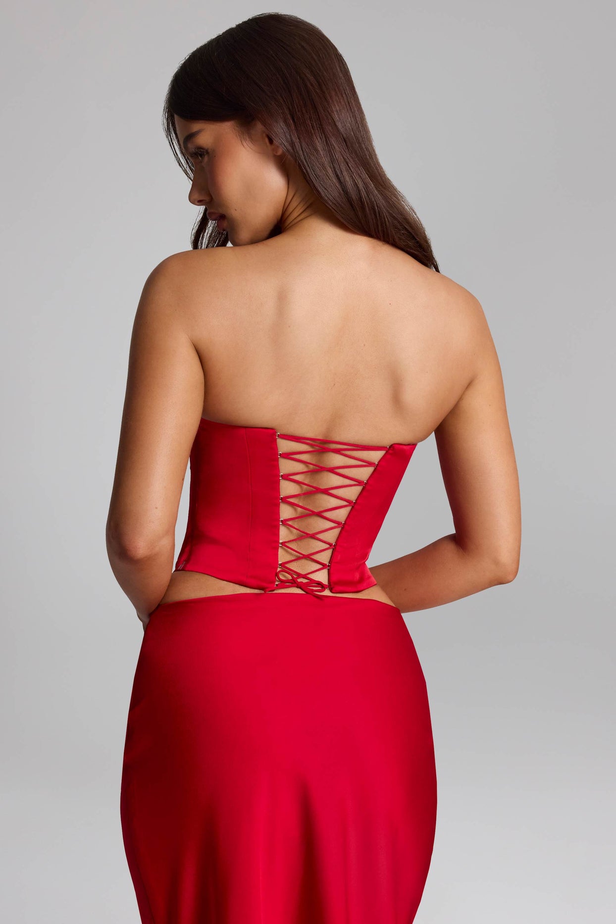 Curved Lace-Up Corset Top in Fire Red