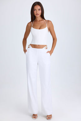 Petite Belted Cut-Out Wide-Leg Trousers in White