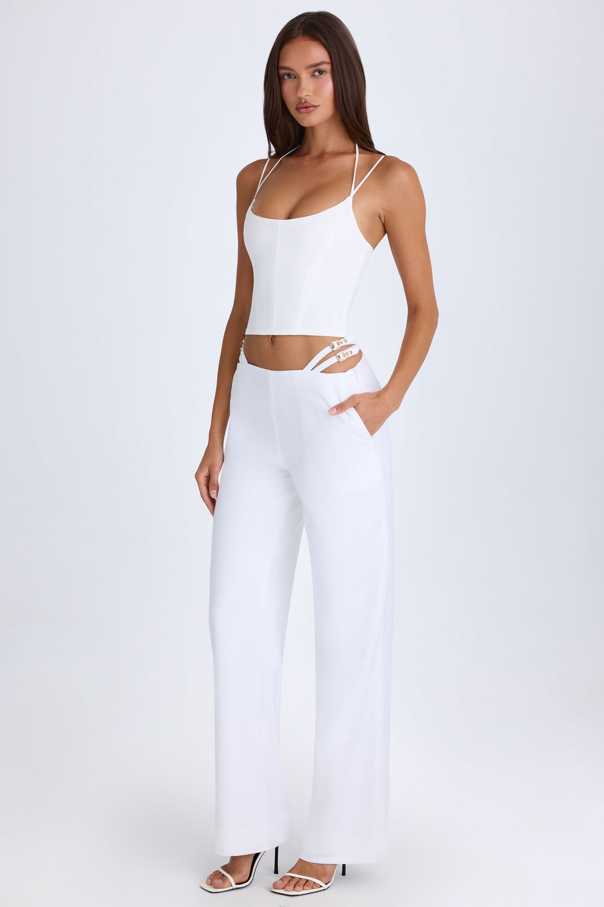 Petite Belted Cut-Out Wide-Leg Trousers in White