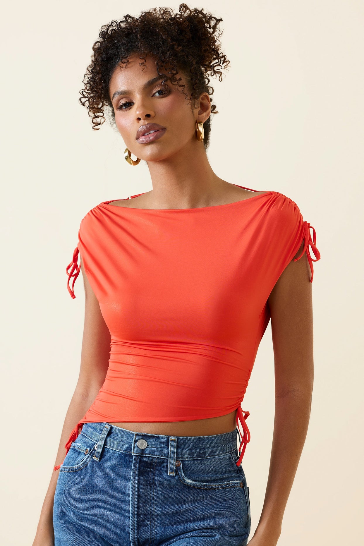 Asymmetric Ruched Cowl-Back Crop Top in Scarlet