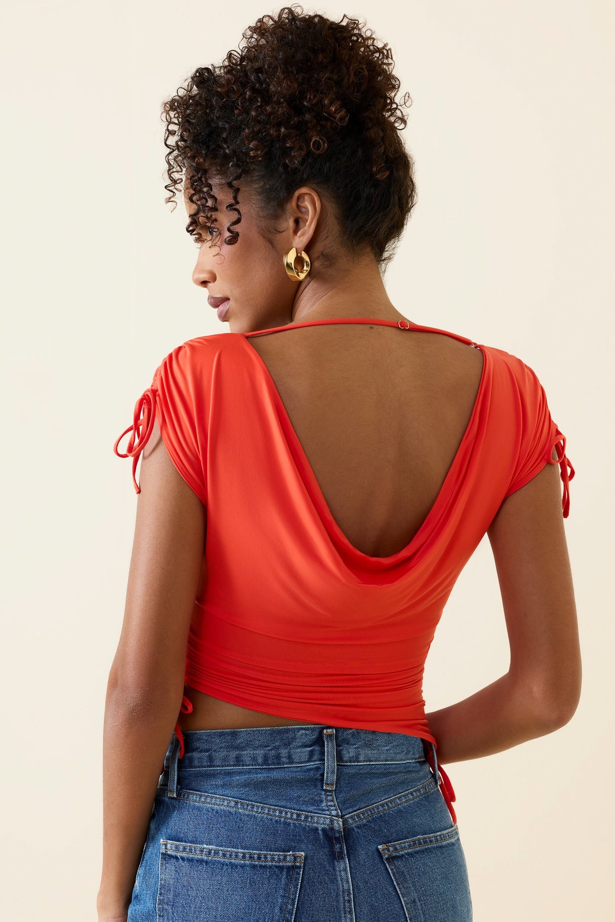 Asymmetric Ruched Cowl-Back Crop Top in Scarlet