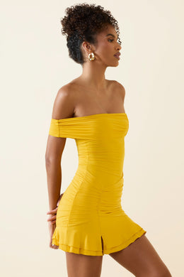 Asymmetric Ruched One-Shoulder Mini Dress in Golden Yellow