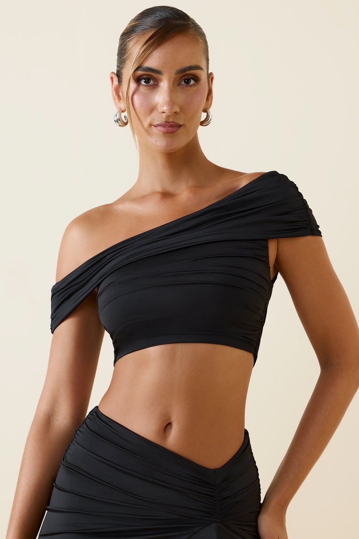 Asymmetric Ruched Off-Shoulder Crop Top in Black