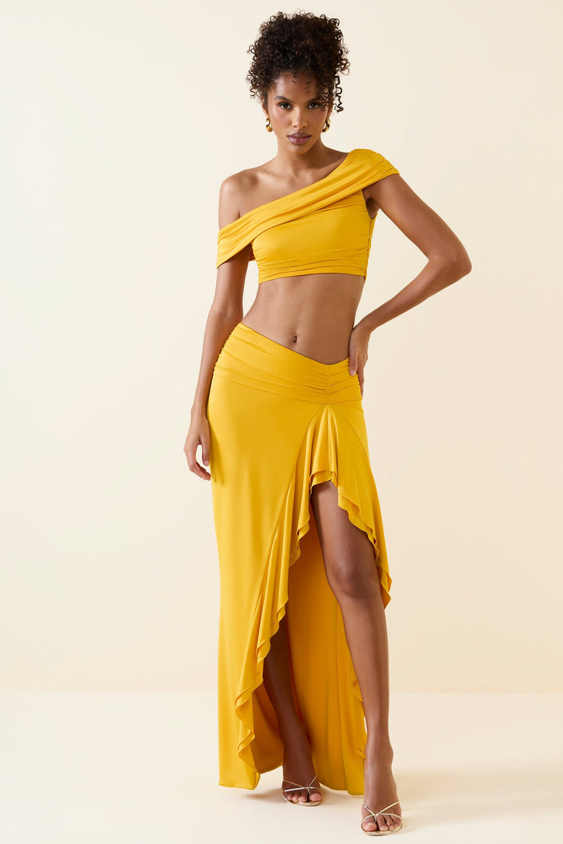 Asymmetric Ruffled Low-Rise Maxi Skirt in Golden Yellow - 1