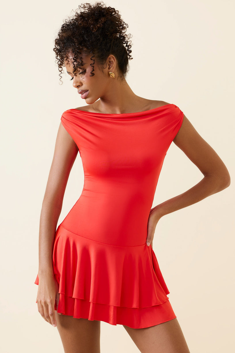 Off-Shoulder Ruffled Mini Dress in Scarlet - 1