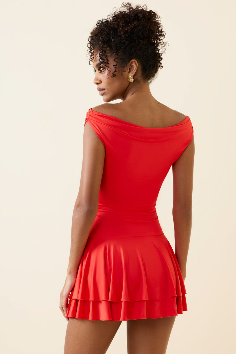 Off-Shoulder Ruffled Mini Dress in Scarlet - 2
