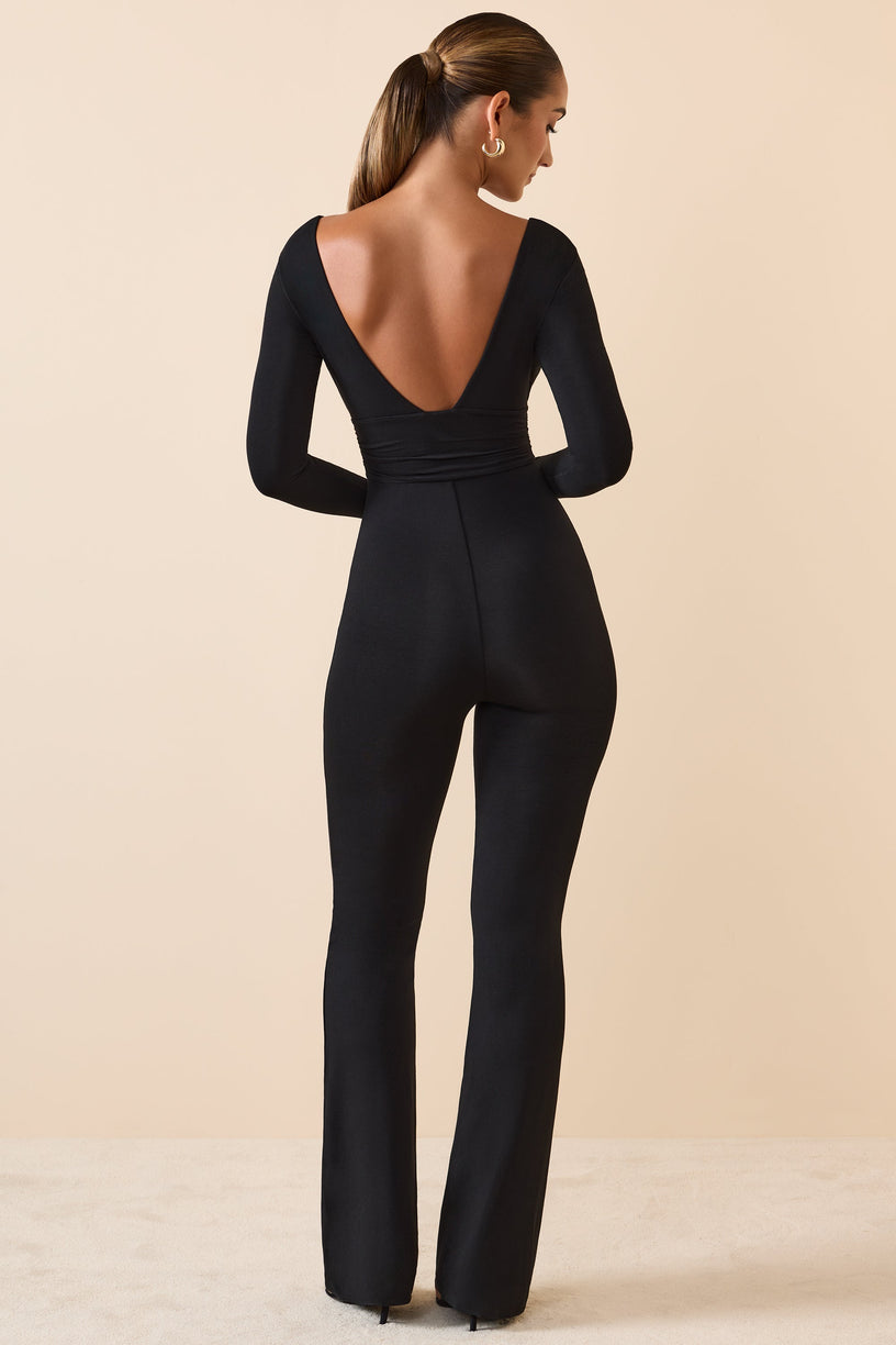 Modal Ruched Plunge Flared Jumpsuit in Black - 2