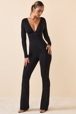 Modal Ruched Plunge Flared Jumpsuit in Black