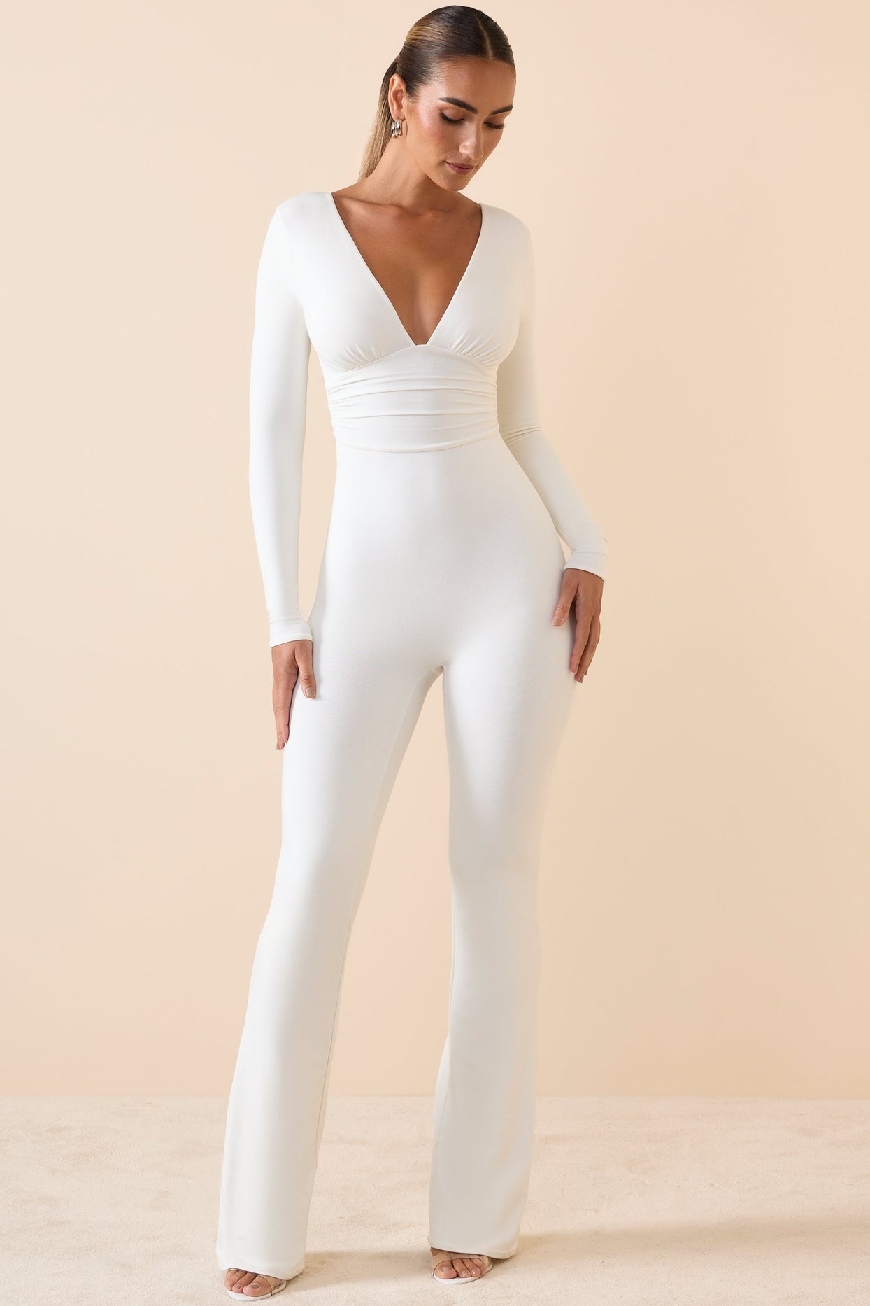 Modal Ruched Plunge Flared Jumpsuit in White