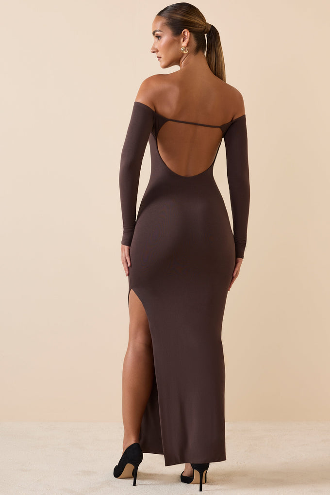 Modal Off-Shoulder Open-Back Maxi Dress in Chocolate Brown