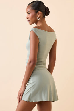 Modal Off-Shoulder Ruched A-Line Mini Dress in Smoke Green