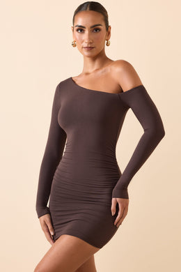 Modal Off-Shoulder Ruched Mini Dress in Chocolate Brown