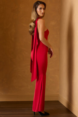 Scarf-Detail Strapless Gown in Scarlet Red