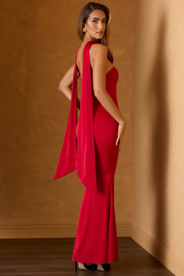 Scarf-Detail Strapless Gown in Scarlet Red