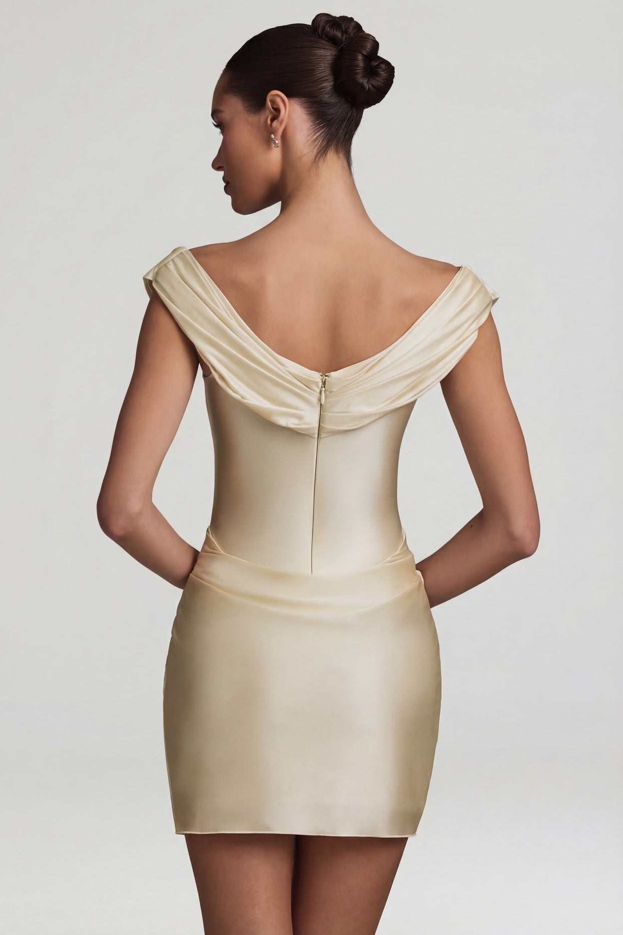 Satin Off-Shoulder Draped Mini Dress in Pearl - 9