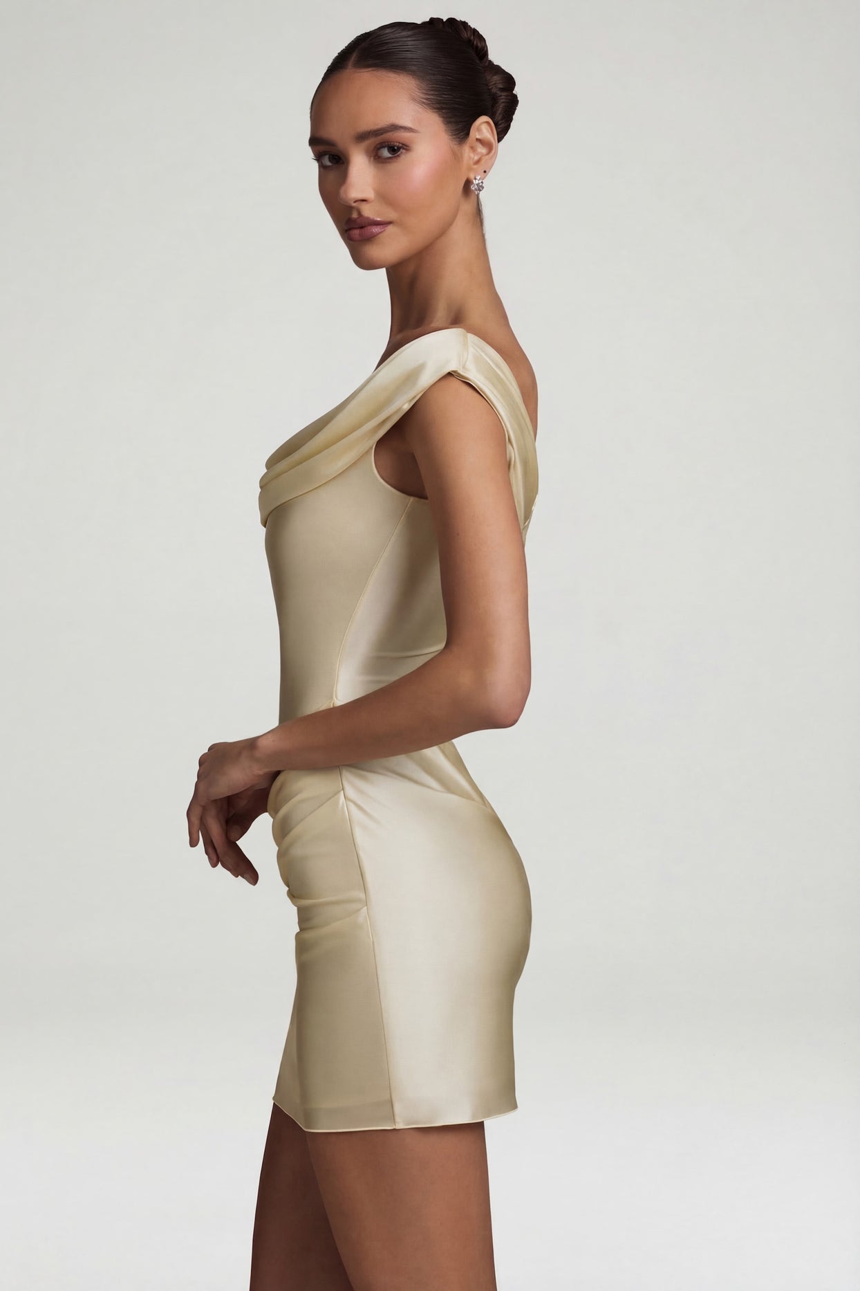 Satin Off-Shoulder Draped Mini Dress in Pearl - 6