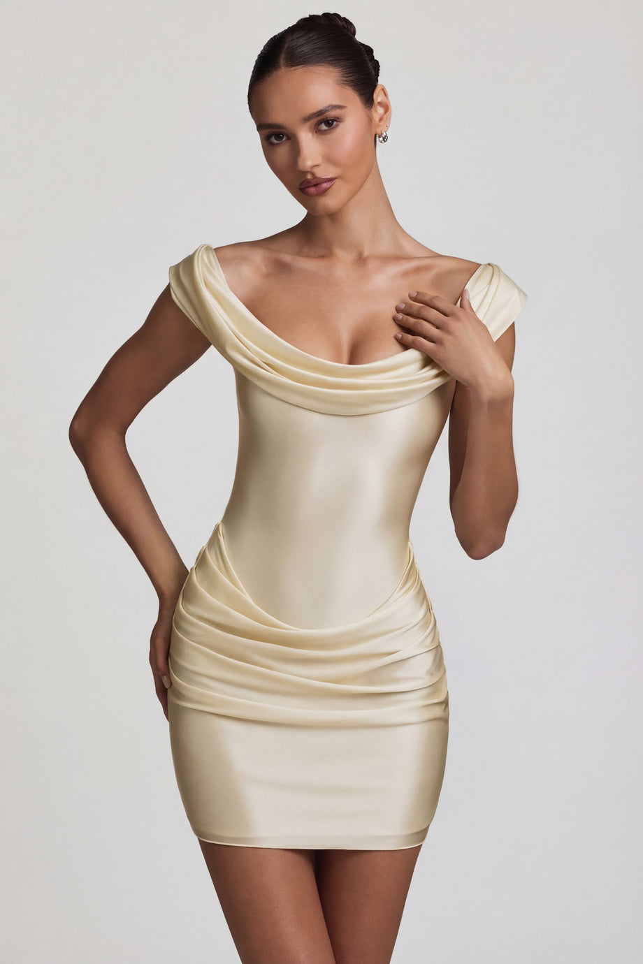 Oh Polly's Anna wearing the Maeve Mini Dress in Ivory Satin Jersey fabric perfect for bridal shower celebrations