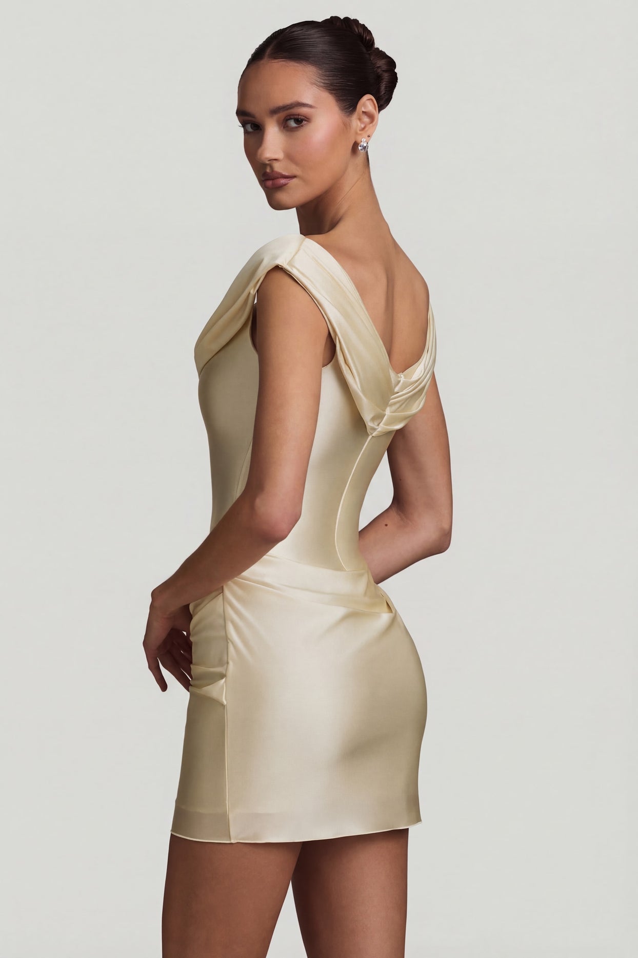 Satin Off-Shoulder Draped Mini Dress in Pearl - 2