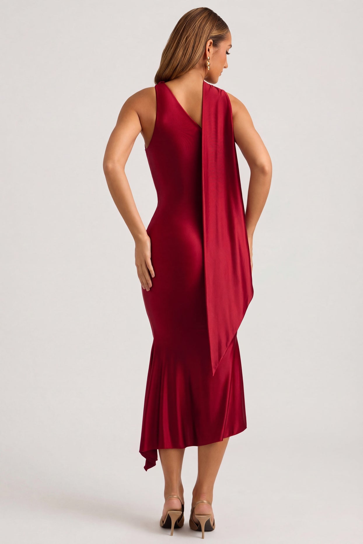 Oh Polly's Priscilla wearing the Shaya Midaxi Dress in True Red Satin Jersey fabric perfect for romantic date nights