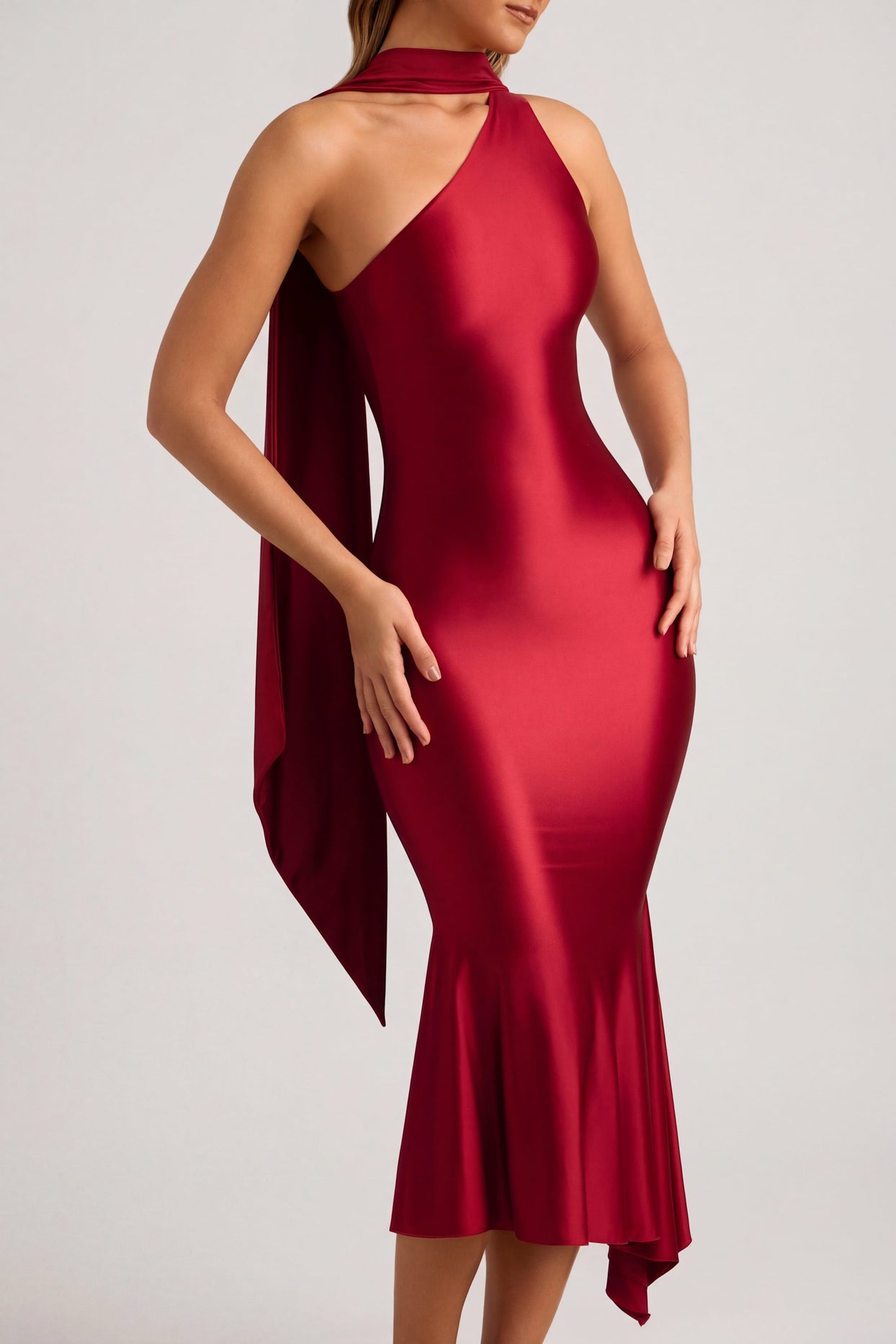 Oh Polly's Priscilla wearing the Shaya Midaxi Dress in True Red Satin Jersey fabric perfect for elegant evening events