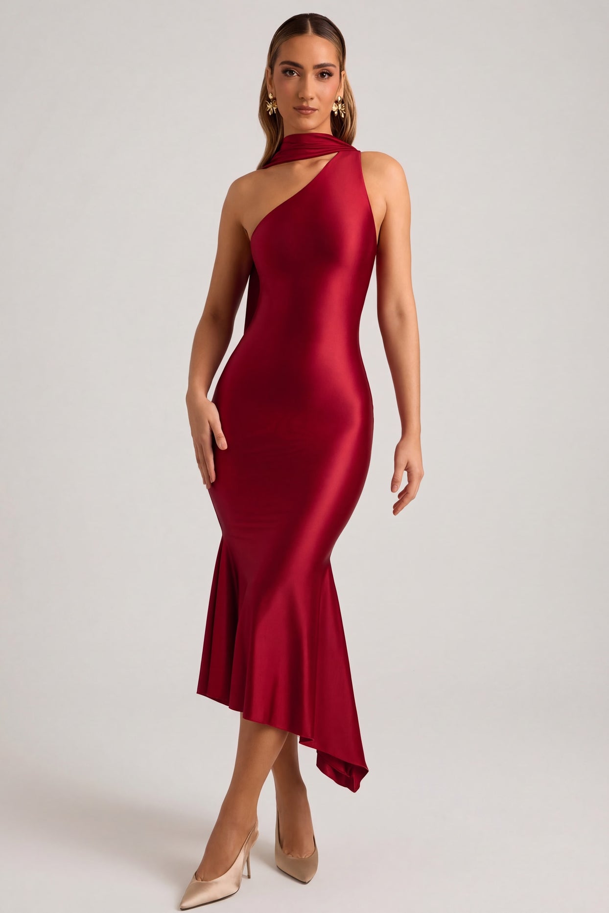 Oh Polly's Priscilla wearing the Shaya Midaxi Dress in True Red Satin Jersey fabric perfect for wedding guest style