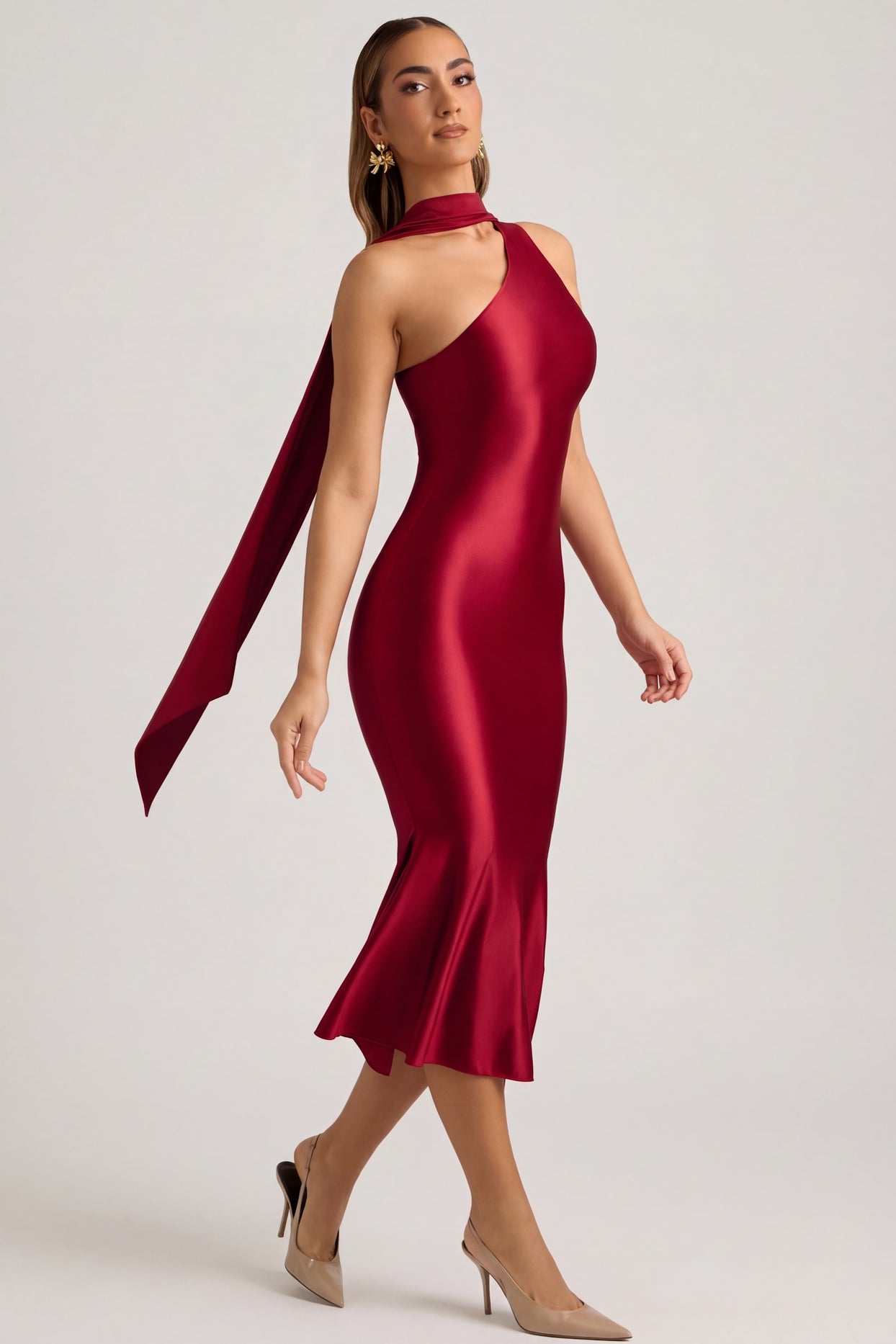 Oh Polly's Priscilla wearing the Shaya Midaxi Dress in True Red Satin Jersey fabric perfect for formal dinners