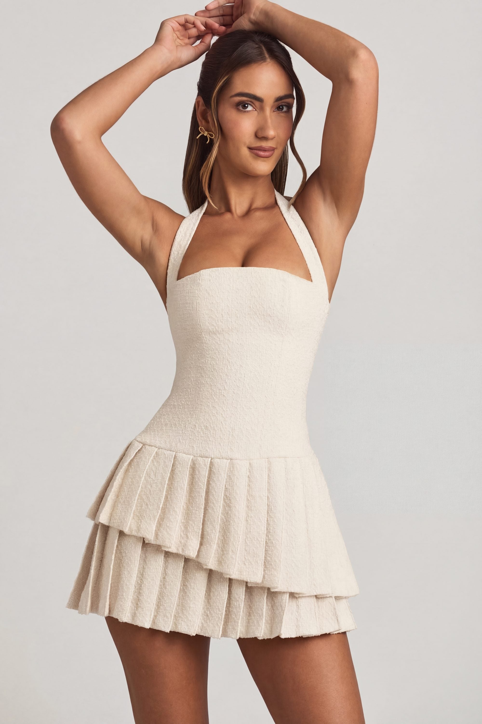 Rosaria Asymmetric Layered Halterneck Mini Dress in Ivory | Oh Polly