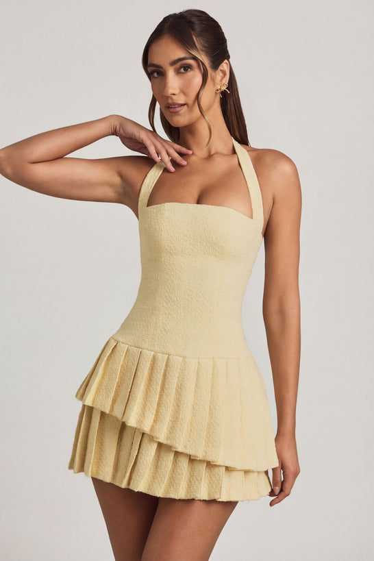 Oh Polly's Freya Tidy wearing the Rosaria Mini Dress in Pastel Yellow Tweed fabric perfect for bridal showers
