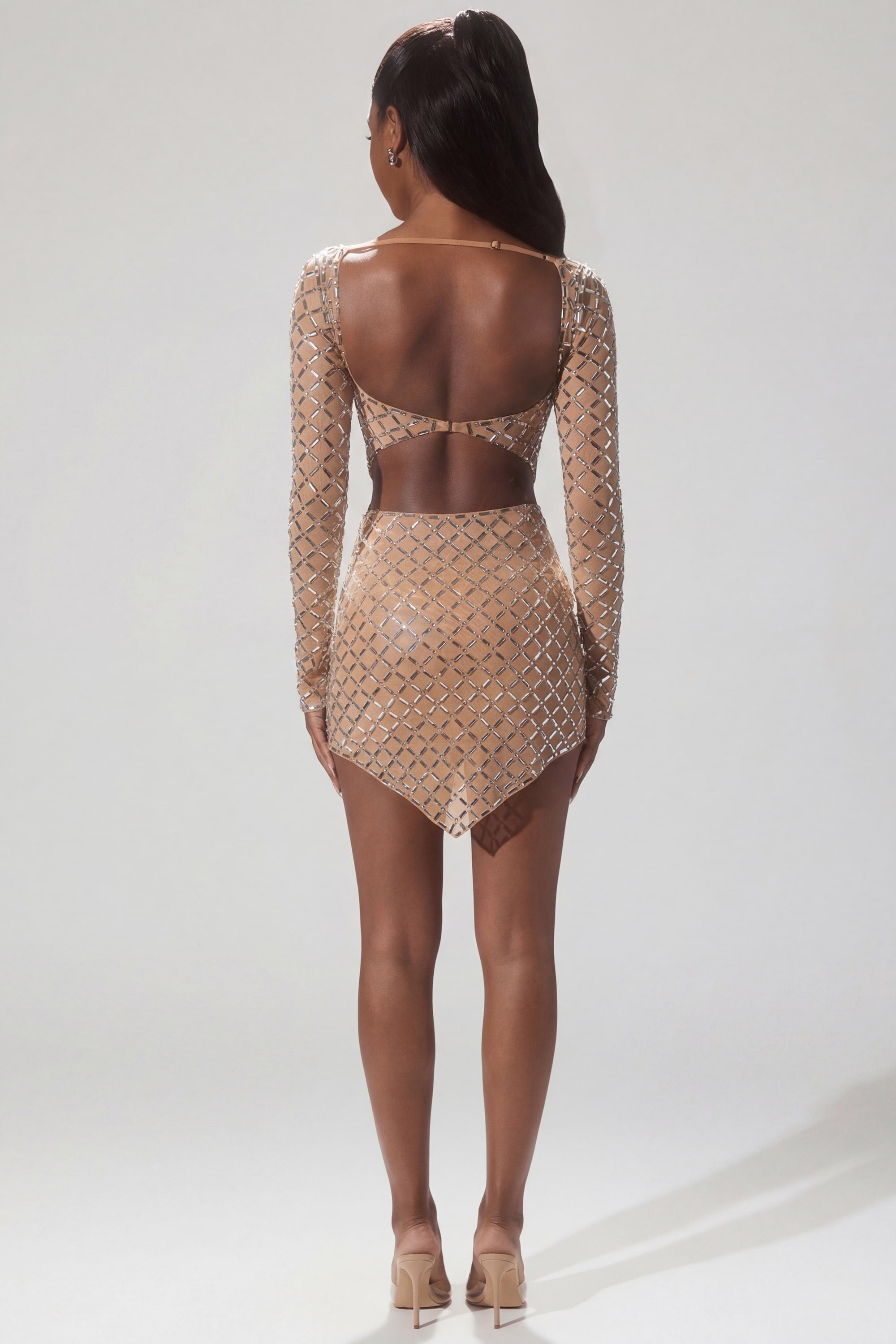 Embellished Asymmetric Crop Top in Almond