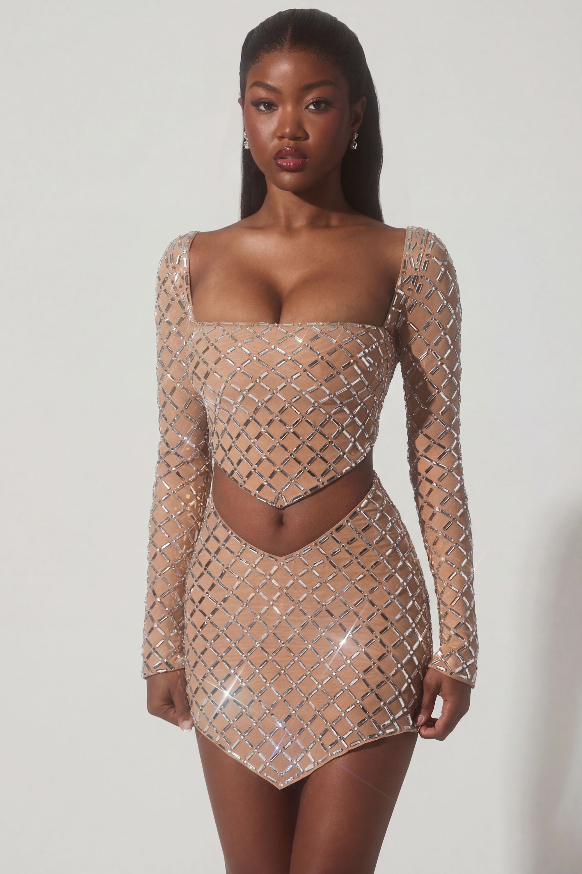 Embellished Asymmetric Crop Top in Almond