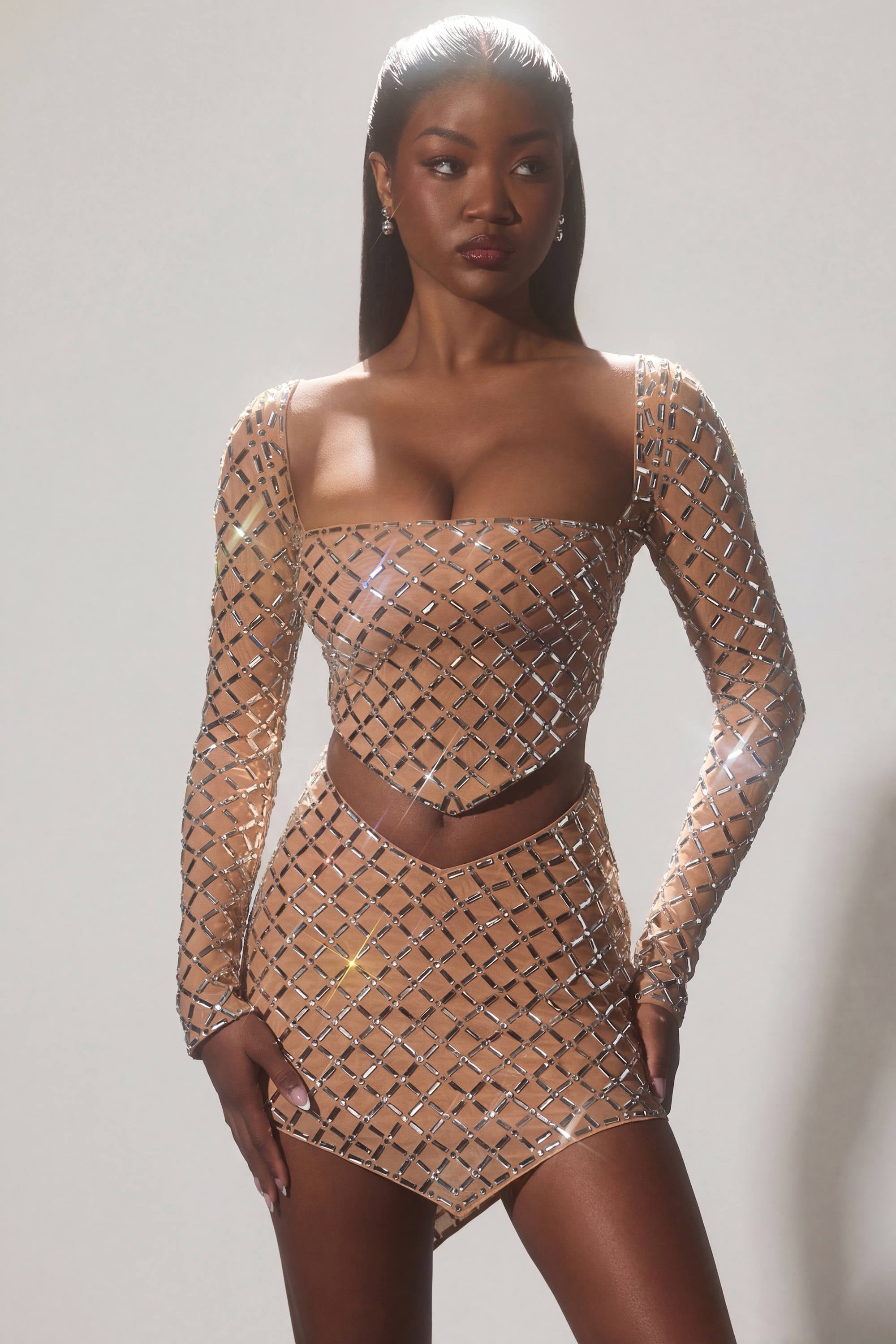 Thora Embellished Asymmetric Crop Top in Almond | Oh Polly