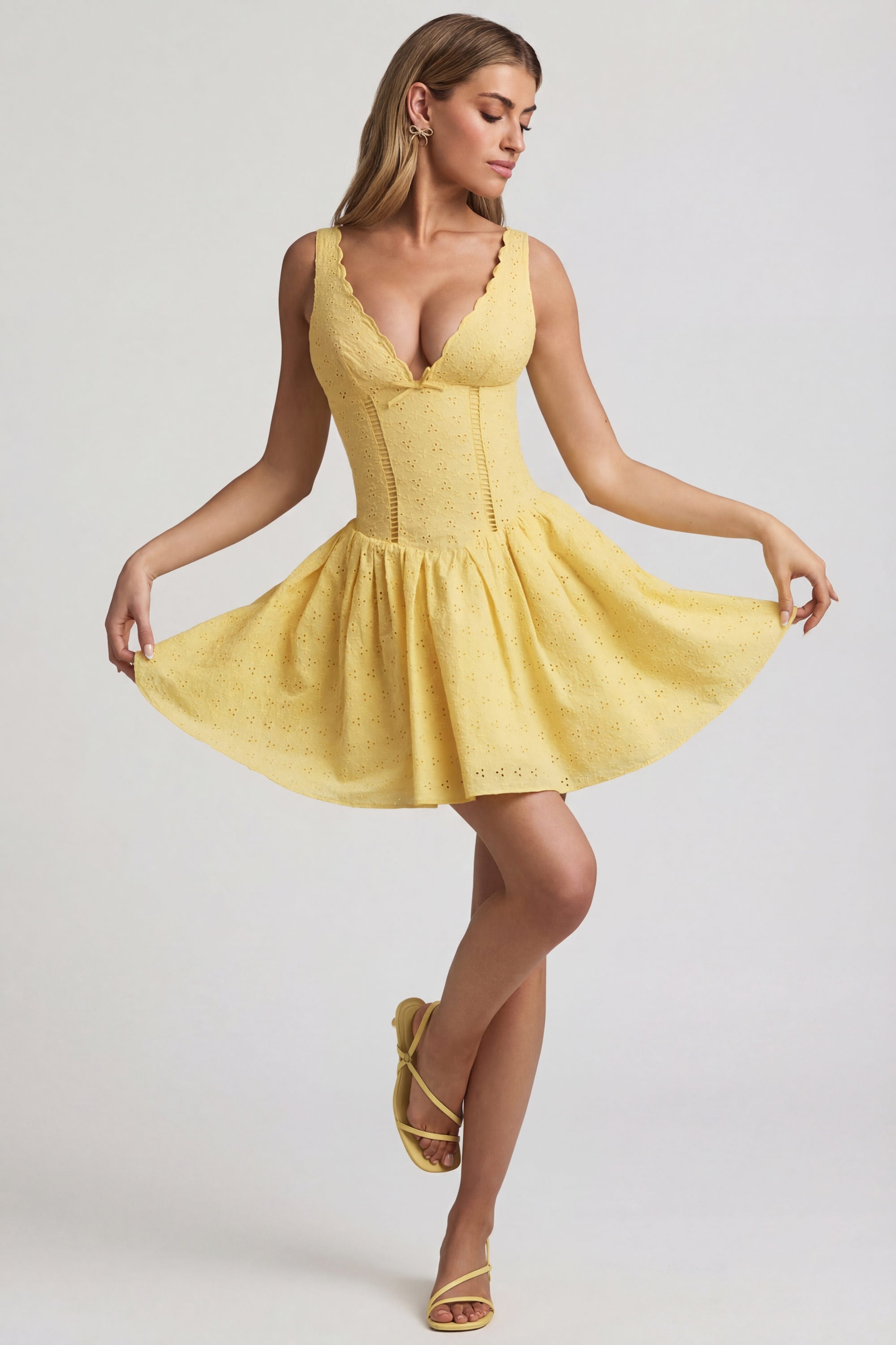 Broderie Anglaise Bow-Detail A-Line Mini Dress in Pastel Yellow