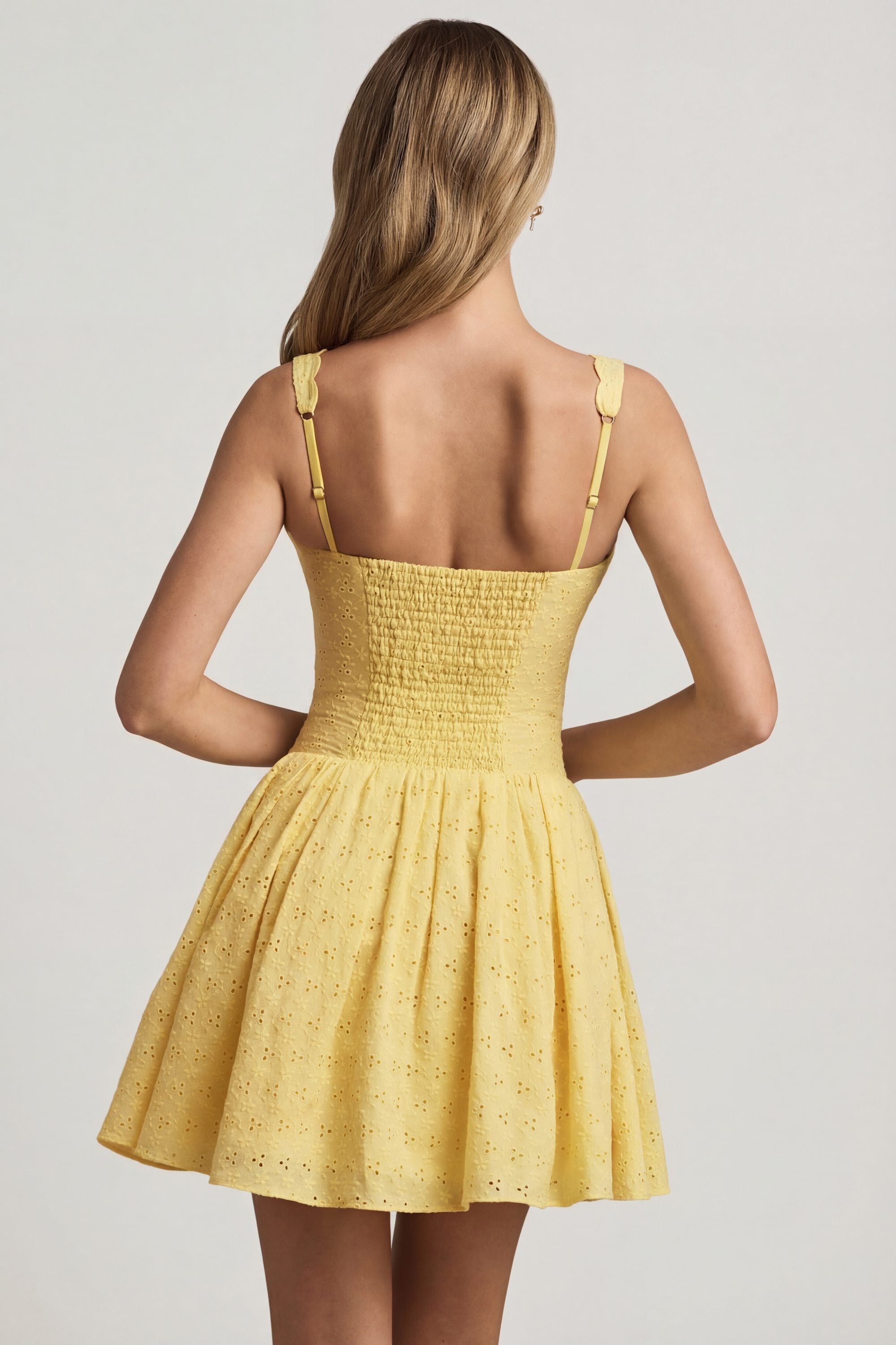 Broderie Anglaise Bow-Detail A-Line Mini Dress in Pastel Yellow