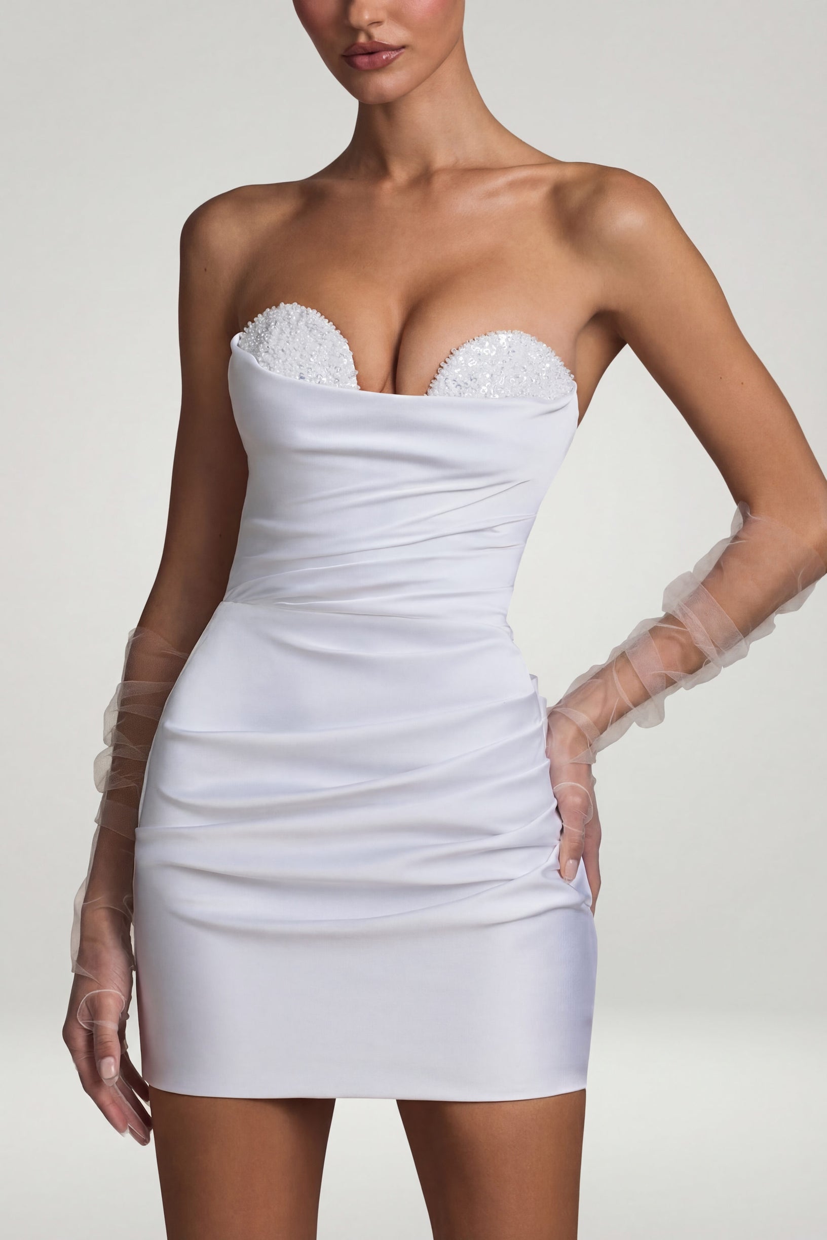 Ruched Corset Mini Dress in White - 2