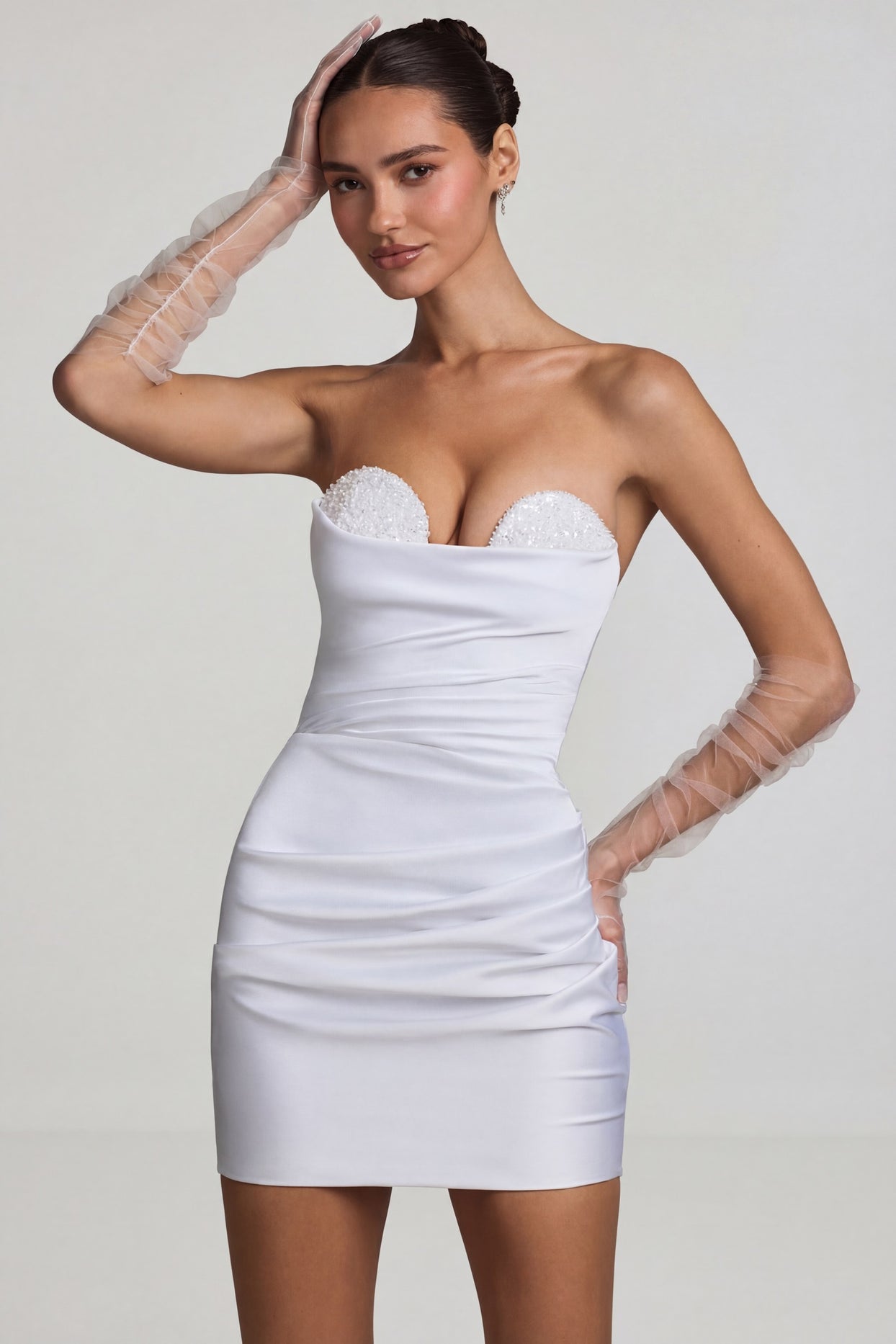 Ruched Corset Mini Dress in White - 6