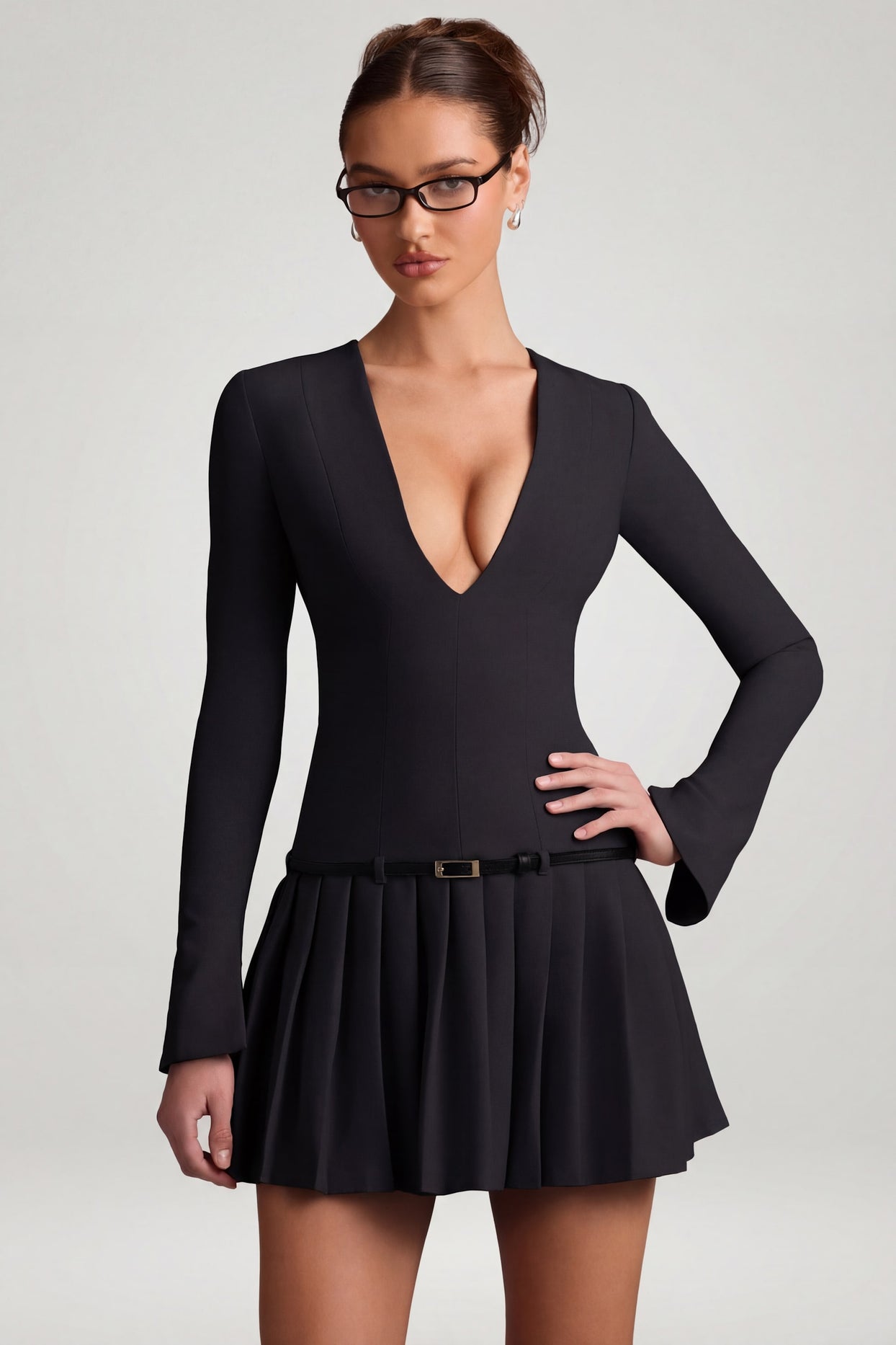 Oh Polly's Anna wearing the Fiorella Mini Dress in Black Stretch Woven fabric perfect for date night