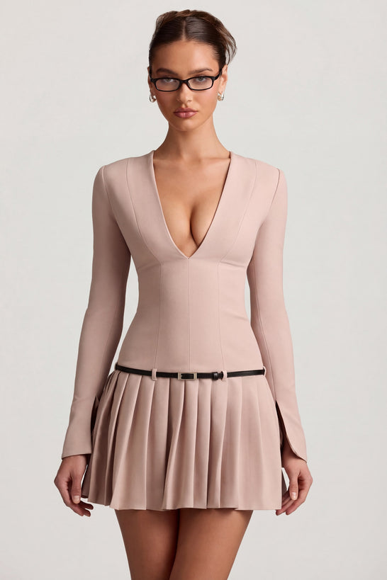 Oh Polly's Anna wearing the Fiorella Mini Dress in Mushroom Stretch Woven fabric perfect for a night out