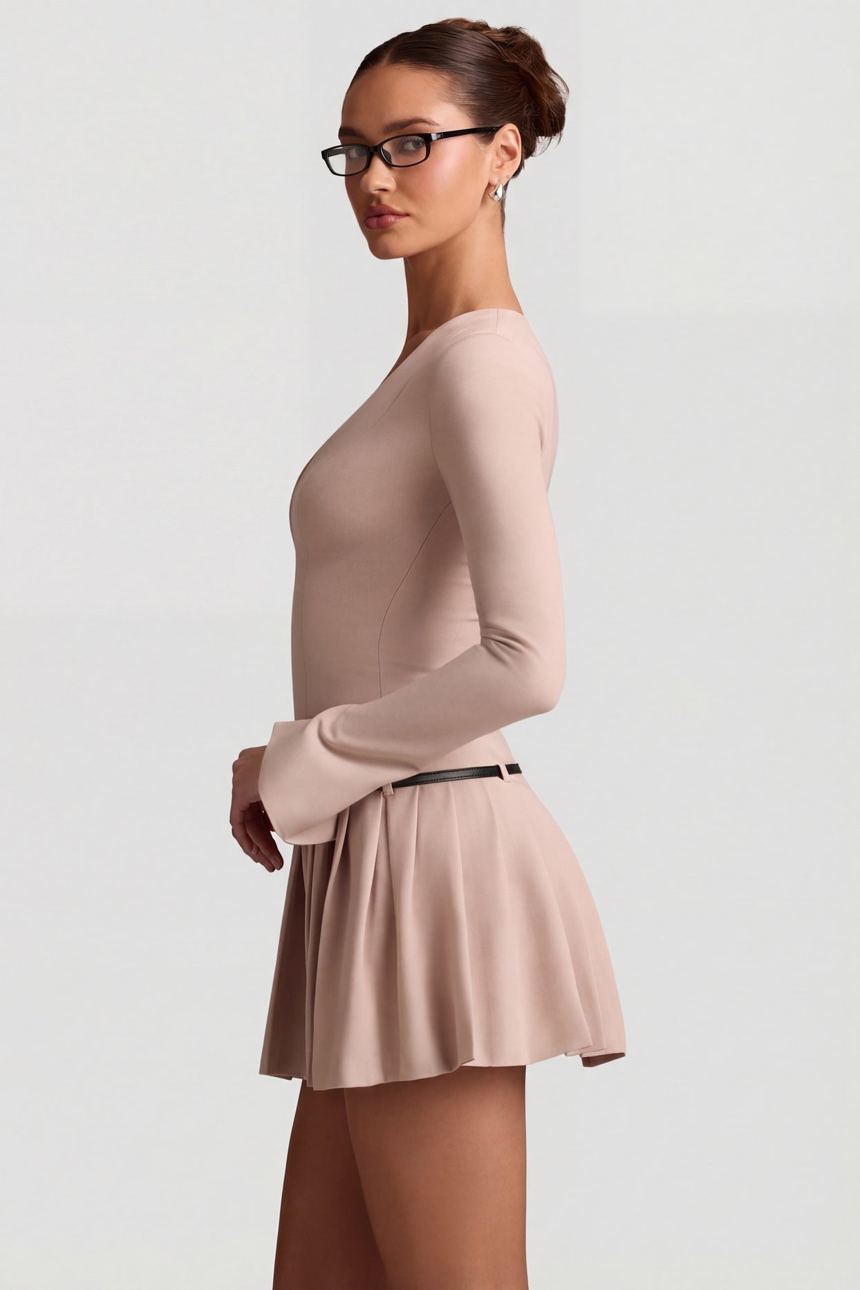 Oh Polly's Anna wearing the Fiorella Mini Dress in Mushroom Stretch Woven fabric perfect for cocktail parties