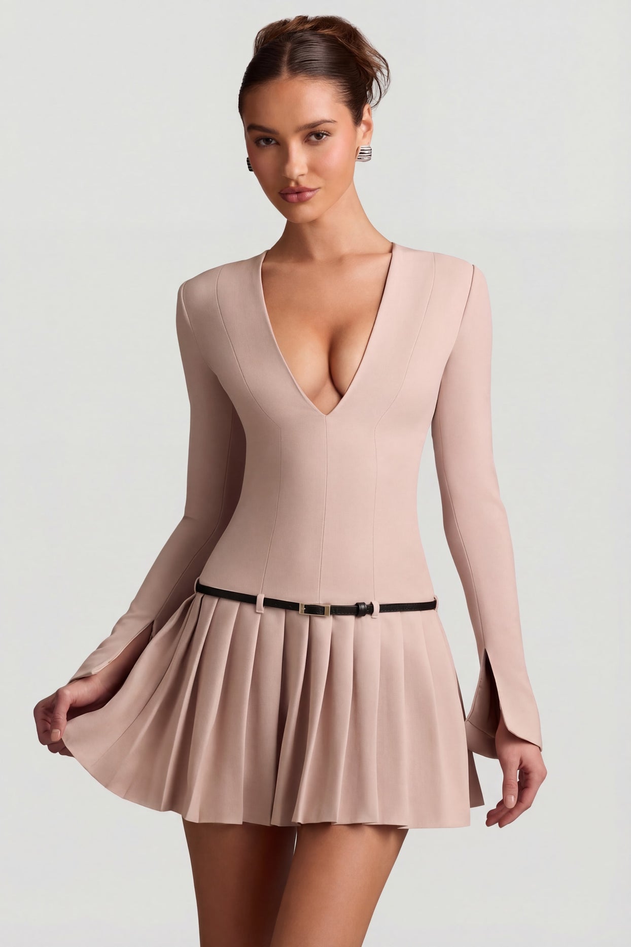 Oh Polly's Anna wearing the Fiorella Mini Dress in Mushroom Stretch Woven fabric perfect for date night style